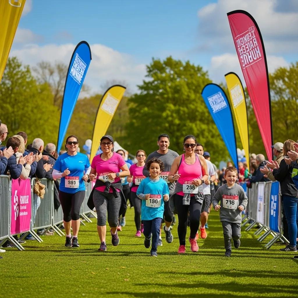Diverse participants running in a charity event, showcasing community spirit and fitness, with colorful banners and enthusiastic spectators in a park setting.