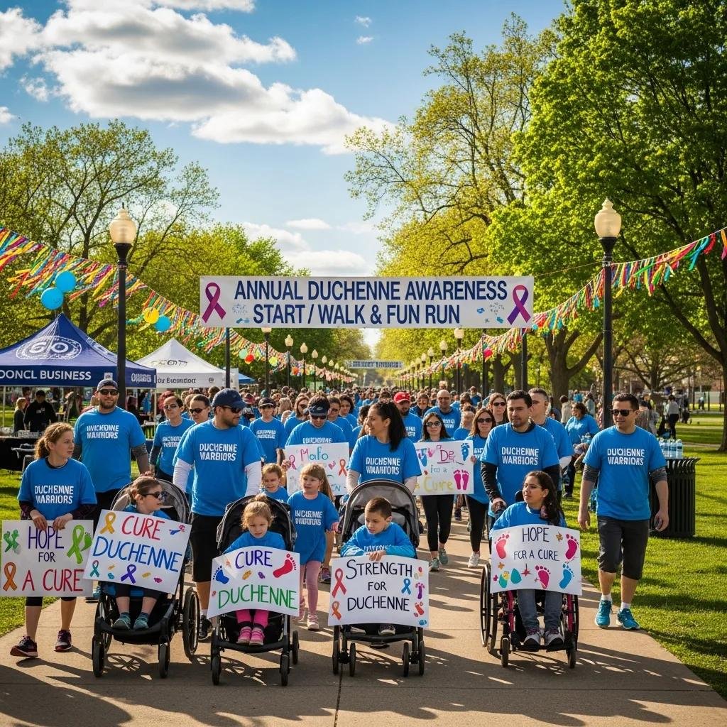 Annual Duchenne Awareness event with participants in blue shirts, children in strollers, and signs promoting "Hope for a Cure," "Cure Duchenne," and "Strength for Duchenne," set in a festive park atmosphere.