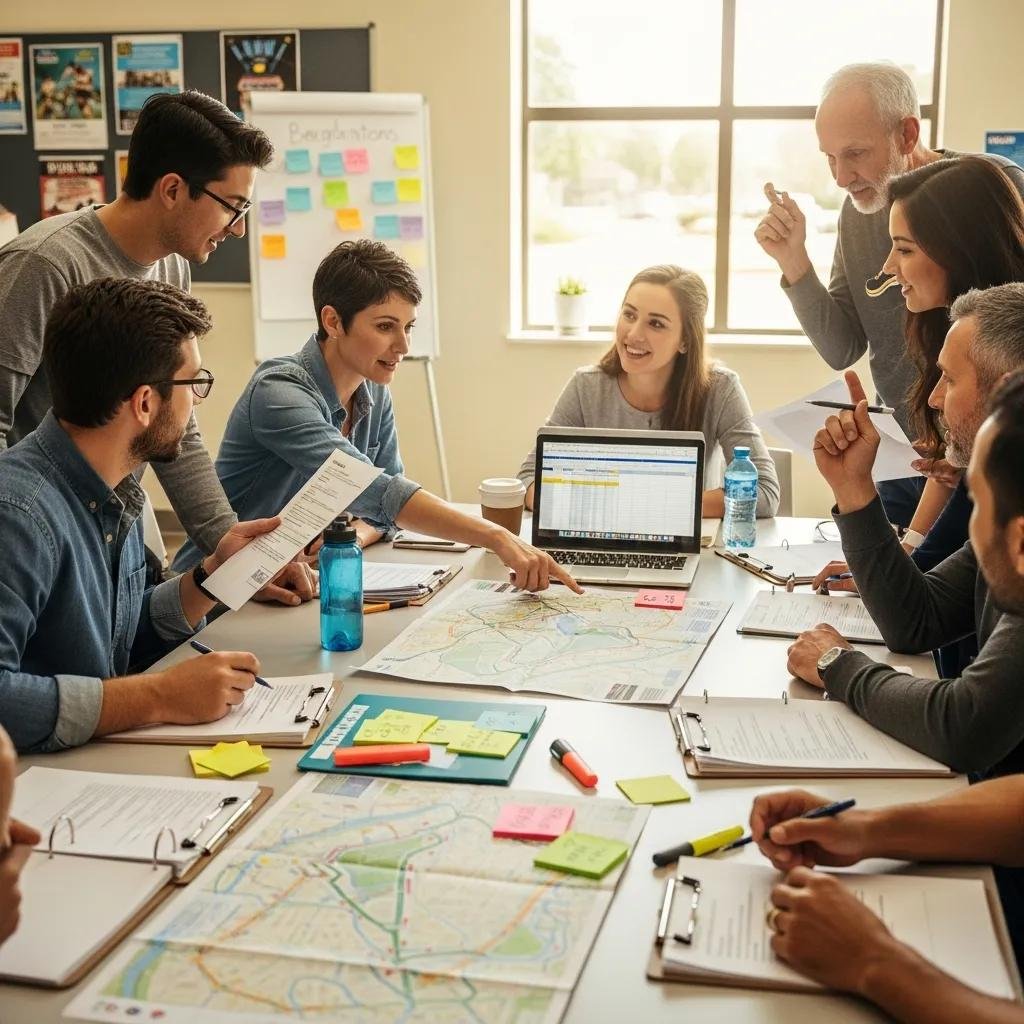 Volunteers discussing logistics and planning for the Steps For Hope charity run, reviewing maps and event materials in a collaborative setting.