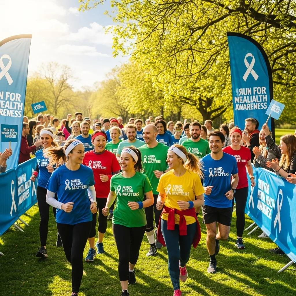 Diverse group of runners participating in a charity event promoting mental health awareness