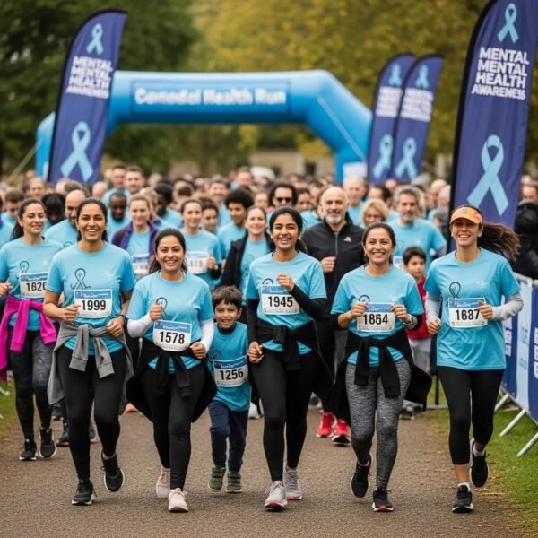 Diverse participants running in a charity event promoting mental health awareness